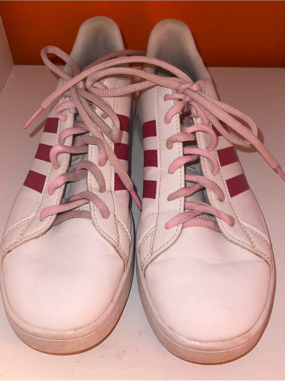 White and Pink Women's Adidas Casual Lace-Up Sneakers